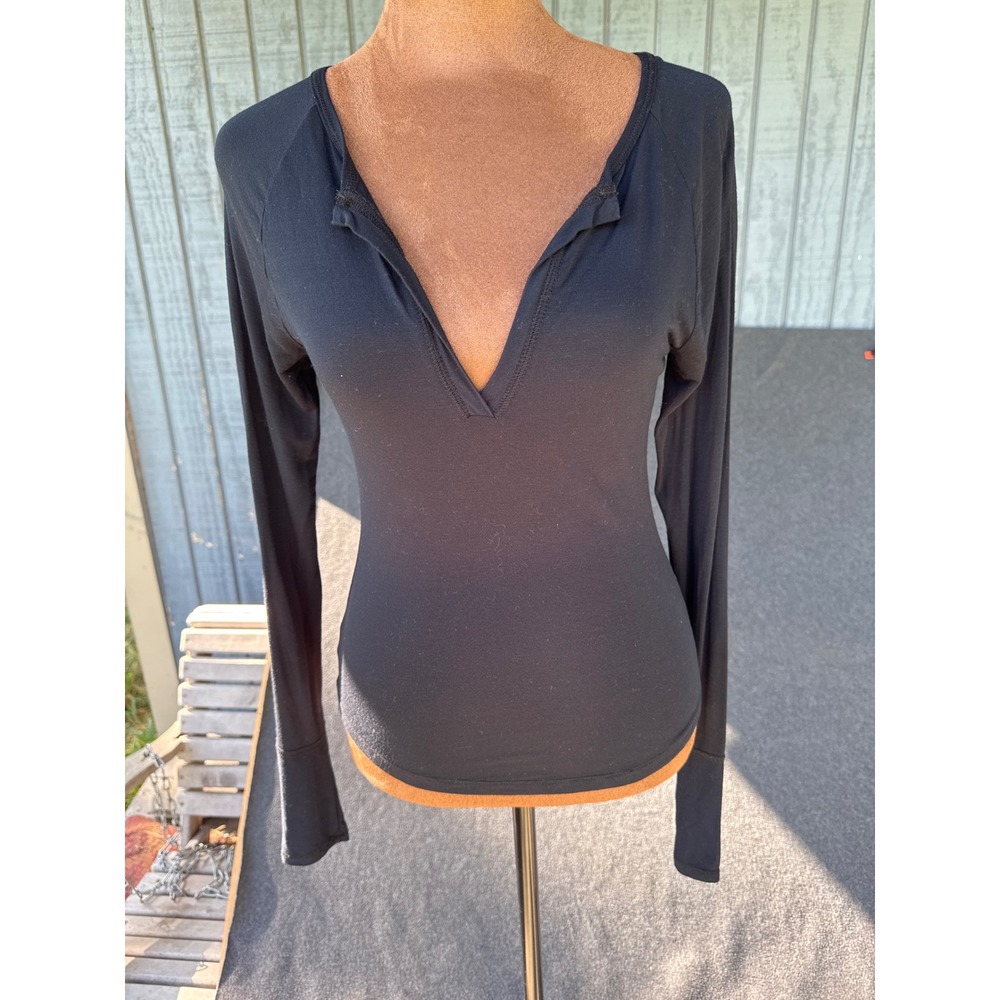 Free People Intimately Black Long Sleeve Deep V-Neck Notched Top Small